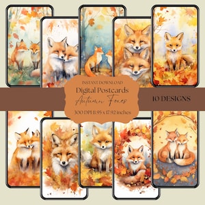 Ensemble de cartes postales numériques automne renards, ensemble d'affiches, clipart renards, dessins d'art numérique imprimables, téléchargement immédiat
