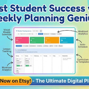Könnte beinhalten: Eine digitale Planer-Oberfläche mit dem Text „Boost Student Success with Weekly Planning Genius!“. Die Oberfläche enthält Abschnitte für visuelle Wochenpläne, Unterrichtsverfolgung und Arbeitslastanalysen. Der Text „Shop Now on Etsy! - The Ultimate Digital Planner“ ist ebenfalls enthalten.