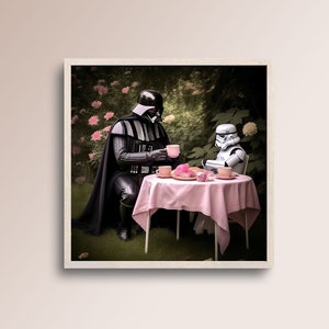 Darth Vader pink tea party with a Stormtrooper, Star Wars high resolution digital download poster / art