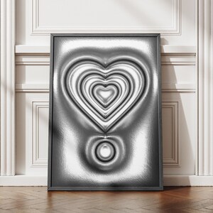 Metallic Silber Herz Wand Kunst Moderne futuristische Liebe Poster Valentinstag Geschenk ästhetische digitaler Download Einzigartige minimalistische Y2K Liebhaber Dekor