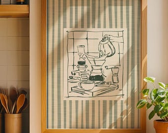 Vintage Coffee print, green striped kitchen decor, coffee wall art