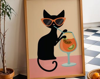 mid century cocktail print, retro black cat print, cat wall art, cocktail wall art, bar art, kitchen print, kitchen wall art, cat gift,