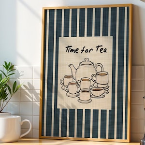 May include: A framed wall art print featuring a dark blue and white vertical striped background with a central cream-coloured rectangle. The print displays a line drawing of a teapot and several teacups with the text Time for Tea written above.
