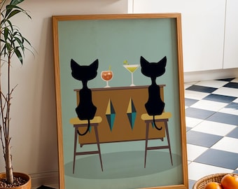 mid century cocktail print, Atomic cat print, black cat wall art, cocktail wall art, bar art, kitchen print, kitchen wall art, cat gift,
