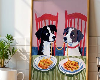 Estampado de perros comiendo espaguetis, estampado de perros, comida italiana, decoración de cocina luminosa