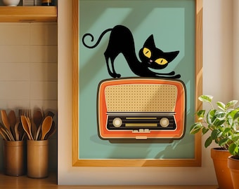 Retro music print, retro black cat wall art, Atomic cat, music poster, cat mid century print, office decor, retro wall art, cat lover gift