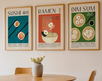 food poster set of 3, Ramen, Dim Sum, Sushi, retro kitchen print set, retro food prints, kitchen decor, Japanese food, Chinese food,