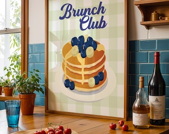 Brunch club print, American pancakes breakfast print, retro kitchen print, retro kitchen wall art, kitchen poster, retro food poster,