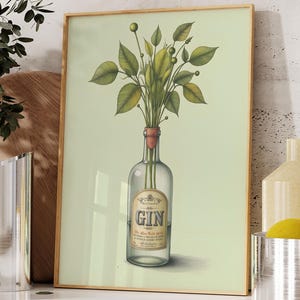 Gin bottle with flowers print, vintage gin poster, gin o&#39;clock wall art, kitchen wall art, kitchen print, bar cart decor, home bar
