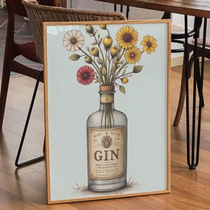 Gin bottle with flowers print, vintage gin poster, gin o&#39;clock wall art, kitchen wall art, kitchen print, bar cart decor, home bar