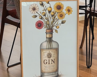 Gin bottle with flowers print, vintage gin poster, gin o'clock wall art, kitchen wall art, kitchen print, bar cart decor, home bar