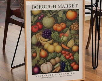 Borough Market print, William Morris print, vintage food poster, retro kitchen print, vintage kitchen decor, food and drink.