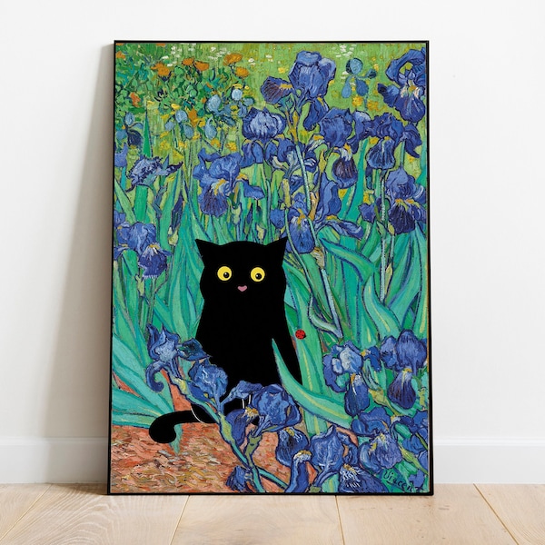 Vincent Van Gogh's Irises Cat Print, Van Gogh Cat Poster, Black cat print, Funny Cat print, cat lover gift, cat gift, cat painting