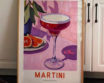 Martini print, kitchen Art Print, Retro passion fruit cocktail Poster, Kitchen Wall Art, cocktail Illustration, Matisse, bar cart print