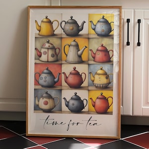 Time for tea print, vintage tea wall art, tea pots poster, vintage kitchen decor, kitchen wall art, tea gift, tea poster