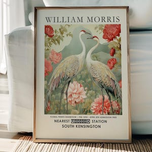 William Morris Print, Vintage cranes bird painting, vintage flower print, bird and botanicals wall art