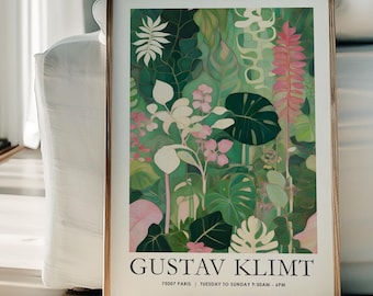 Gustav Klimt Print, pink floral print, Klimt Museum exhibition Poster, tropical green botanicals