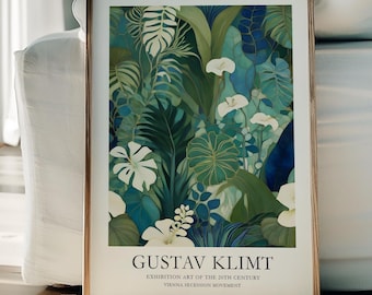 Gustav Klimt Print, white floral print, Klimt Museum exhibition Poster, white and green botanicals