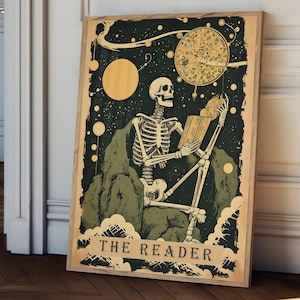 The Reader tarot print, vintage reading print, tarot card, skeleton reading print, book wall art, reading wall art