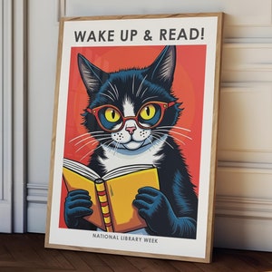 cat and book wall art, library print, book print, cat print, reading poster, reading wall art, library wall art wake up and read book poster