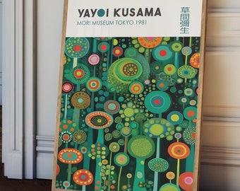 Puede incluir: Un póster enmarcado con un diseño abstracto colorido que presenta círculos y puntos en tonos de verde, azul, amarillo, naranja y rosa. El póster se titula "Yayoi Kusama" e incluye el texto "Mori Museum Tokyo 1981" y "草間彌生".