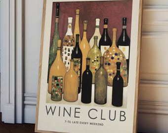 Wine club print, vintage wine print, Retro drinks Print, Kitchen Wall art, bar cart print, kitchen wine poster, wine wall art,wine painting