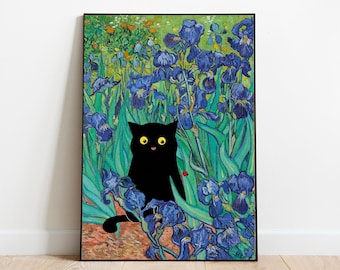 Vincent Van Gogh's Irises Cat Print, Van Gogh Cat Poster, Black cat print, Funny Cat print, cat lover gift, cat gift, cat painting