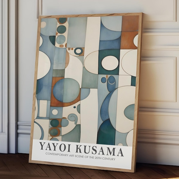 May include: A framed poster with an abstract geometric design in shades of blue, green, and brown. The poster features the text "Yayoi Kusama, Contemporary Art Scene of the 20th Century."