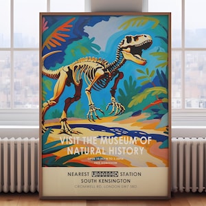 Natural History poster, vintage exhibition museum print, dinosaur print, vintage London museum poster, prehistoric poster afbeelding 1
