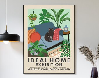 cat and house plants, Ideal Home Exhibition poster, garden room, boho wall art, house plants, plant pots, boho print, botanicals, cat print