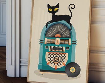 Black Cat retro music print, mid century print, jukebox, cat poster, music poster, mid century modern, cat lover gift, music lover gift,