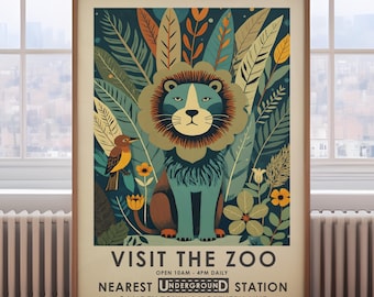 Vintage Zoo poster, lion print, exhibition poster, retro animal poster, jungle animals, african wildlife, London museum poster