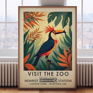 Vintage Zoo poster, vintage style Exhibition poster, Animal Wall Art, toucan print, jungle wall art, London wall art