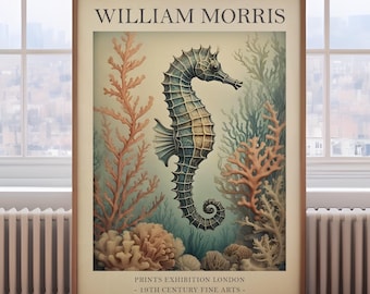 William Morris sea horse print, underwater sea horse painting, Underwater Sealife, sea horse Prints, vintage Sealife Poster, Coral Reef