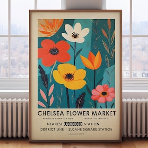 Chelsea Flower market print, London flower market print, vintage teal botanical wall art, yellow flower painting, London poster,