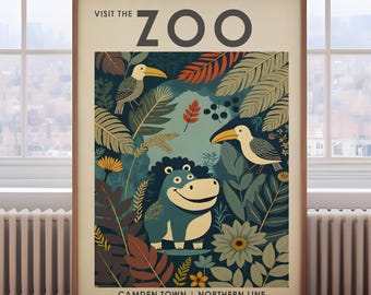 Vintage Zoo poster, hippo print, exhibition poster, nursery wall art, jungle wall art, animal wall art, London print