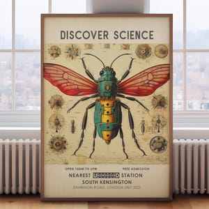 Science Museum poster, vintage exhibition museum print, scientific insect print, vintage London museum poster, science wall art image 1