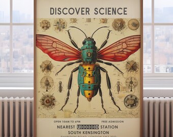 Science Museum poster, vintage exhibition museum print, scientific insect print, vintage London museum poster, science wall art