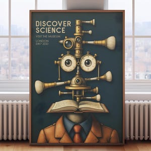 May include: A framed poster with the words "DISCOVER SCIENCE" and a steampunk-style illustration. The artwork features a figure composed of scientific instruments, with a suit and open book. The poster is displayed on a wooden floor.