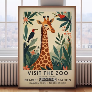 Zoo poster, giraffe print, vintage style Exhibition poster, Animal Wall Art,  jungle wall art, London wall art