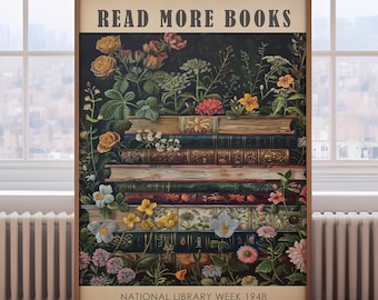 Vintage book painting, library print, book lover gift, book wall art, vintage reading poster, book and plants print, vintage book print