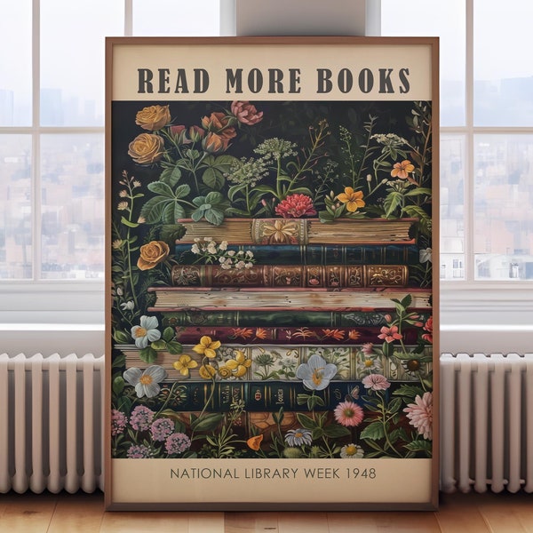 Vintage book painting, library print, book lover gift, book wall art, vintage reading poster, book and plants print, vintage book print