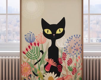 Black cat and flowers, atomic cat print, floral wall art, cat wall art, cat gift, spring floral print