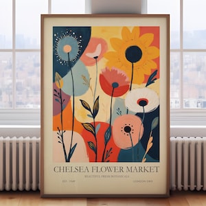 Chelsea Flower market print, London flower market print, bright botanical wall art, spring flower painting, London poster,