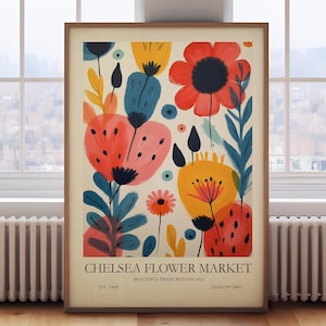 Chelsea Flower market print, London flower market print, bright botanical wall art, spring flower painting, London poster,