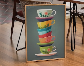 May include: A stack of colorful teacups with floral designs, stacked on top of each other. The cups are on a blue background and are framed in a wooden frame.