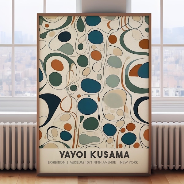 Yayoi Kusama poster, Japanese wall art, vintage Japanese decor, Japanese print, teal blue wall art, circles print, exhibition poster