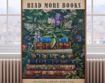 Vintage book painting, library print, book lover gift, book wall art, vintage reading poster, book and plants print, vintage book print