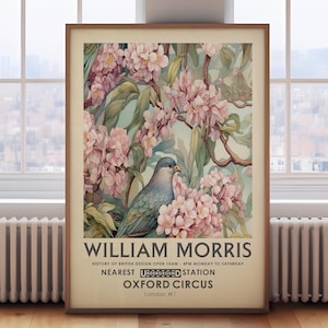 William Morris floral print, vintage pink botanical poster, London vintage floral wall art, exhibition poster, art gift,