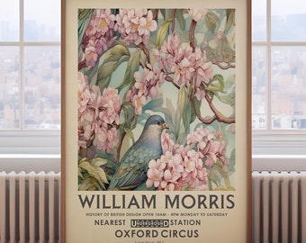 William Morris floral print, vintage pink botanical poster, London vintage floral wall art, exhibition poster, art gift,